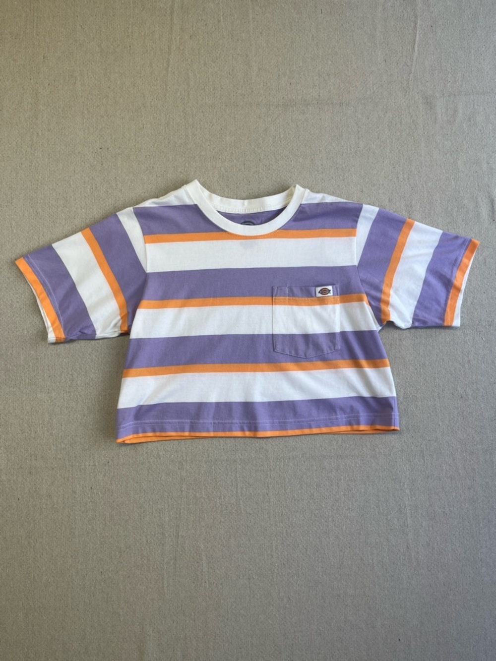 Dickies Striped Crop Pocket Tee Purple Orange White Short Sleeve Size M